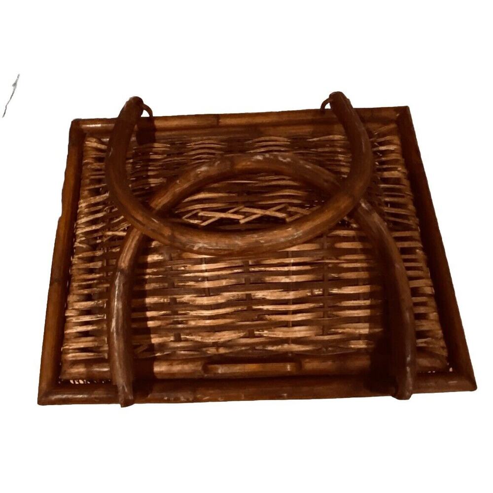 Antique Picnic Basket Woven Wood Wicker Market Handle Primitive Handmade Shoppin - Picture 2 of 6